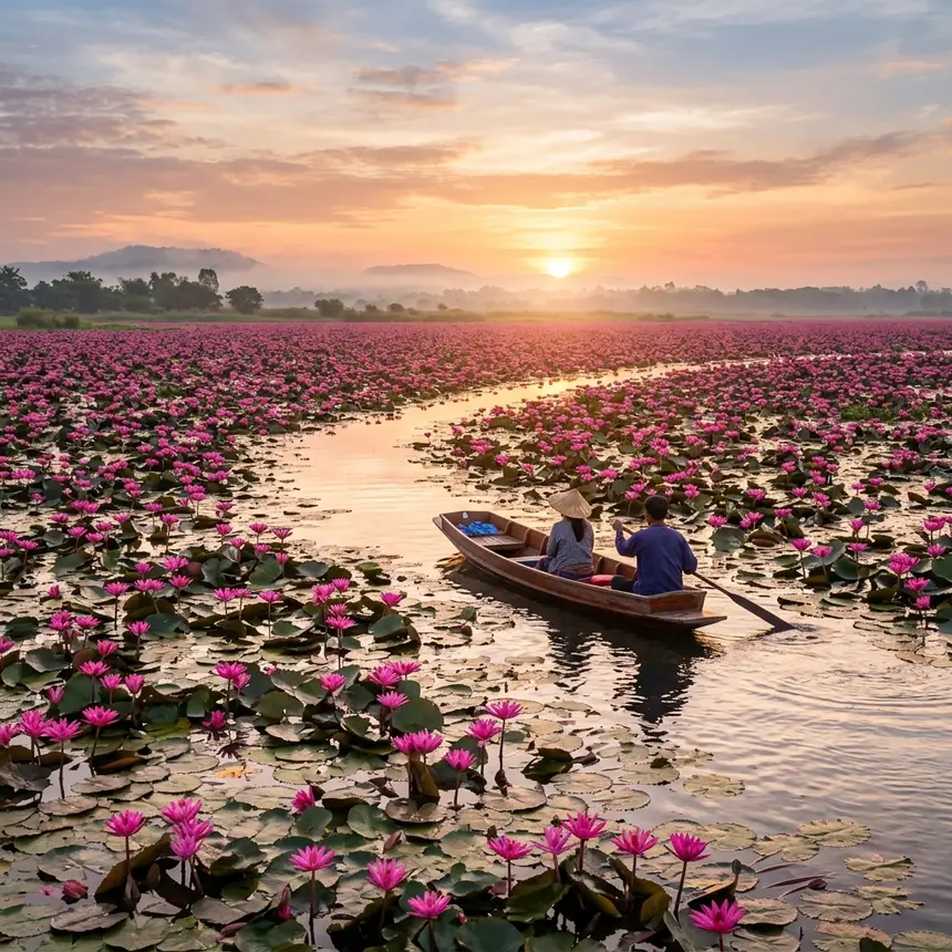 ทะเลบัวแดง อุดรธานี นั่งเรือชมดอกไม้ยามเช้าหน้าหนาว