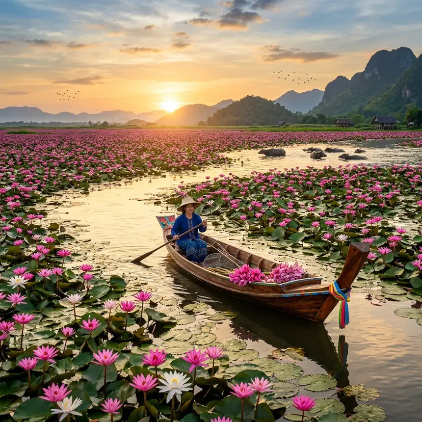 ทะเลน้อย พัทลุง ล่องเรือชมบัวแดงและควายน้ำ